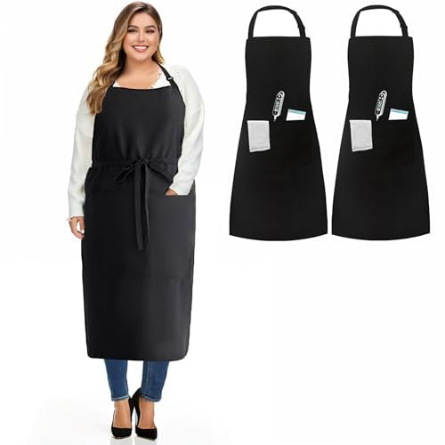 umboom 2 Pack Plus Size Apron with 2 Pockets, Adjustable Large Work Apron for Garden, Kitchen, Cooking, Grilling, Restaurant, Shop, Bistro, Bar, Café (Black)