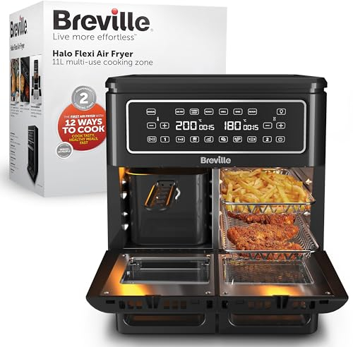 Breville Freidora de aire Halo Flexi | Horno con freidora de aire doble digital | 11 L Air Fryer: +10 raciones | Fríehorneaasa y calienta | 2400 W | Negro [VDF130X]