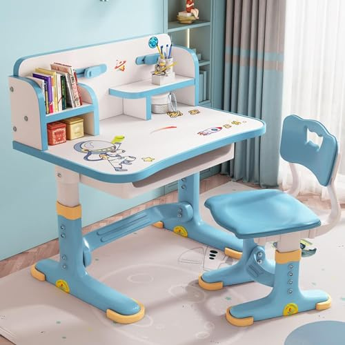 Bigougem Kinder Tisch Stuhl Set, kinderschreibtisch höhenverstellbar, Kinder Schreibtisch für Jungs & Mädchen, Schreibtisch Set für Kinder mit Stuhl und Schublade (Blau 1)