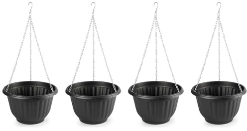 Acan Tradineur - Pack de 4 macetas Redondas Colgantes, plástico, macetero, Tiesto, Recipiente para Plantas, Flores, balcón, terraza, hogar, Fabricada en España (Antracita - 25 x 15 cm)