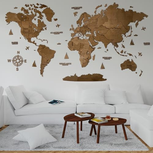 WoodLeo Hölzerne Weltkarte (Deutsch) - 3D Art Large Wall Decor - Karte Größe (M, L, XL) Jeder Anlass Geschenkidee - Wandkunst für Haus, Küche oder Büro (VENGE, M (120x62 cm))
