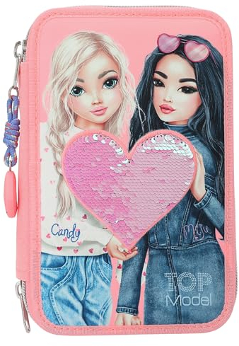 Depesche 12950 TOPModel - Gefüllte 3-Fach Federtasche in Rosa, mit Model Motiv und Wendepailletten, Federmappe mit Buntstiften, Lineal, Schere uvm.