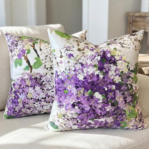 Juego de 2 fundas de almohada de terciopelo con flores de hortensias moradas de 18 x 18 pulgadas, fundas de almohada decorativas para exteriores, funda de almohada rectangular vintage floral para