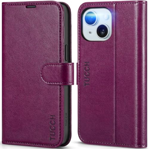 TUCCH Funda para iPhone 15 Flip Folio Billetera, Violeta Ciruela | Cuero PU, Bloqueo RFID, Ranura para Tarjeta, Cierre Magnético, 6,1 5G 2023