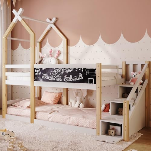 Qiang Litera Infantil 90 X 200cm,Cama Casita para 2 Niños,Cama Alta con Somier De Láminas De Madera,Cama De Madera con Protección contra Caídas Y Escalera