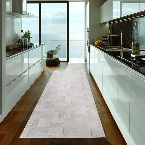 Carpetsale24 In- & Outdoor Teppich Läufer 80x250 cm – Wetterfest & Pflegeleicht – Creme Teppich mit Skandinavischem Design & 3D Hoch-Tief-Effekt – Für Küche, Terrasse, Balkon, Flur & Schlafzimmer