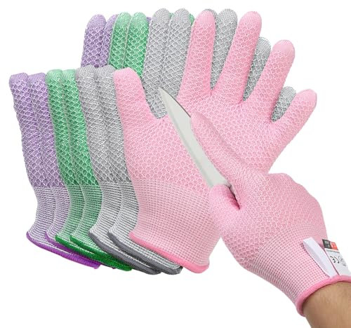 PATIKIL Cut Resistant Gloves, 4 Pair Level 5 Protection Cutting Gloves Anti Cut Kitchen Work Glove for Mandolin Slicing Oyster Shucking Whittling Wood Carving, Large, 4 Colors