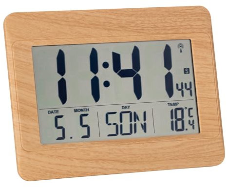 TFA Dostmann Orologio da parete digitale, 60.4519, orologio radio con temperatura interna, giorno della settimana (8 lingue), data, impostazione del fuso orario, plastica, (L) 215 x (L) 160 x (H) 26