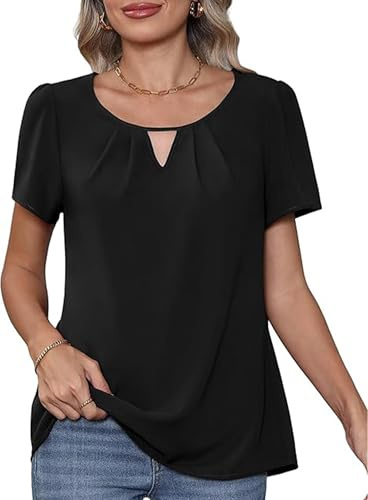 YGJIEGENG Chiffon Women's Summer Blouses Ladies Tops Elegant Short Sleeve Casual Fashion Crew Neck T Shirts Black M