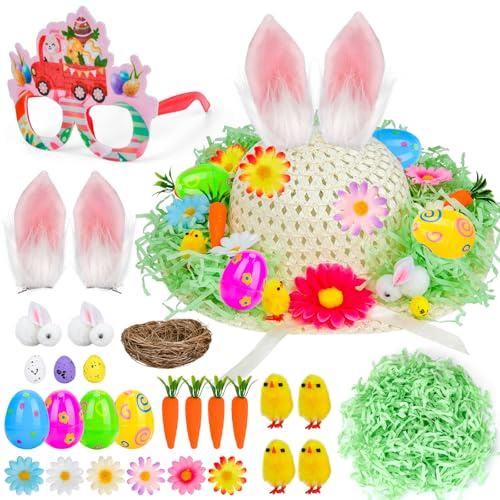 SelfTek Easter Bonnet Kit - Easter Bonnet Hat Making Kit with Straw Hat, Bunny Ears, Glasses, Nest and Eggs, Flowers Mini Chicks, Decorations, Make Your Own Straw Bonnets Hat Crafts