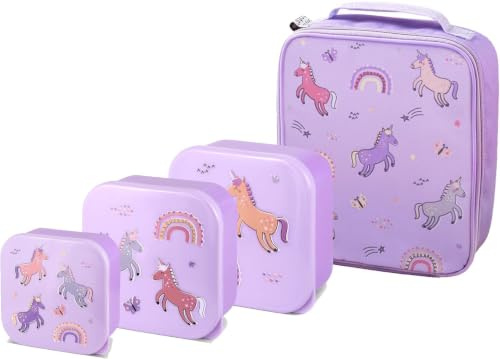 Girls Lunch Bag, Set of 3 Nesting Snack Boxes, Tiny to Tots Kids Set, Back to School, Lunch Box with Multi Compartments, Snack Storage (Unicorn Nested Boxes + Lunch Bag)