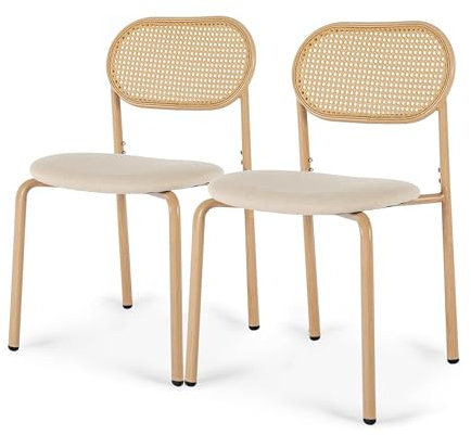 Stühle Esszimmer, Esszimmerstühle 2er Set, Rattan Stuhl, Esszimmerstühle Rattan Mit Sitzpolster Und Metallbeinen, Küchenstühle, Boucle Stuhl, Korbstuhl Für Wohnzimmer Esszimmer (Holzfarbe, 2PCS)