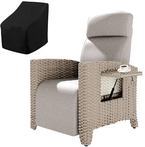 Fiutazge Großer Gartensessel mit Liegefunktion,Relaxliege Liegesessel mit Verstellbarer Rückenlehne,Verstecktem Fußhocker,Sonnenliege Rattan Für Balkon,Innen-Beige Sitzkissen und Braun Rattan