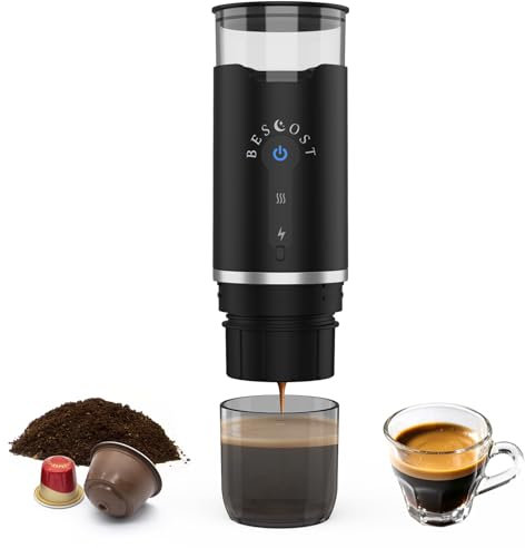 BESCOST Cafetera Portátil Capsulas 3 en 1, Cafetera Portátil Espresso Compatible con NS y DG Cápsulas y Café Molido para RV, Acampada, Senderismo, Oficina y Hogar