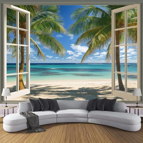 Seide Fototapete Weißes Fenster Mit Blick Auf Den Strand 300 X 210 Cm (B X H) Wanddeko, Grüne Palmen Wandbild, Wandtapete, Kann In Wohnzimmer, Küche, Schlafzimmer, Kinderzimmer, Studio