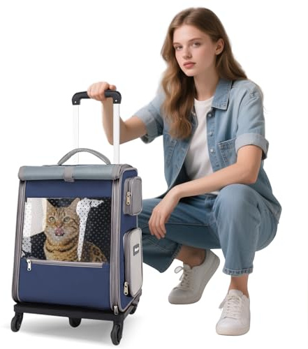 PETCUTE Katzen Rucksack mit Rädern,Hunderucksack für Große Katzen Hunde bis 7.5kg,Faltbare Atmungsaktive Haustier Rucksack mit Innerer Sicherheitsleine und Haustiermatte,Airline Zugelassen,Blau