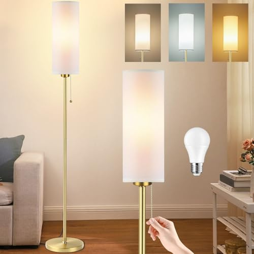 Seruno X Stehlampe Wohnzimmer, Weiß Standleuchte mit 3 Farbtemperaturen 9W LED Glühbirne, Modern Stehlampe mit Gold Mast, Zugschalter, Leselampe Stehleuchte für Wohnzimmer Schlafzimmer Büro