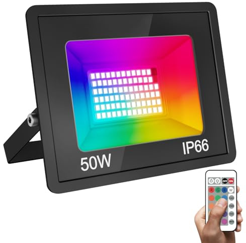 vighep RGB Led Strahler, 50W Superhell LED Fluter mit Fernbedienung, 4 Beleuchtungsmodus, IP66 Wasserdicht Scheinwerfer Aussenlampe für Garten Garage Hof Wand(ohne Sensor)