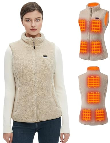Hecusma Khaki Fuzzy Heated Vest for Women with 16000mAh 7.4V Battery Pack Included, Sherpa Heated Vest Women, Fleece Heating Vests Cycling-L