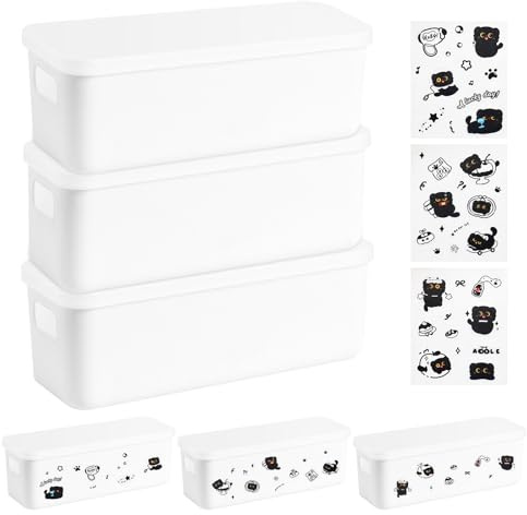 Chesomn 3 Pcs Plastic Storage Box with Lid, Narrow Storage Baskets with 3 Cat Stickers, Bathroom Storage Boxes Stackable Kitchen Cupboard Organiser for Kitchen, Office, Bathroom (28×10×9.5cm)
