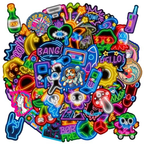 50PCS Cool Neon Stickers, Waterproof Vinyl Graffiti Sticker Pack Vibrant Decals for Laptop Water Bottle Skateboard Luggage Guitar Bicycle Scrapbook Phone Party Bag Fillers Punk Racing Fans Teens Adult