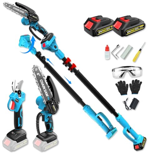 4 en 1 Podador de altura a batería Mini motosierra de 15 cm (6″) con telescópico (2,5 m) + Tijera eléctrica de 35 mm, incl. 2 baterías 21V – perfecto para cuidado de árboles y poda de ramas