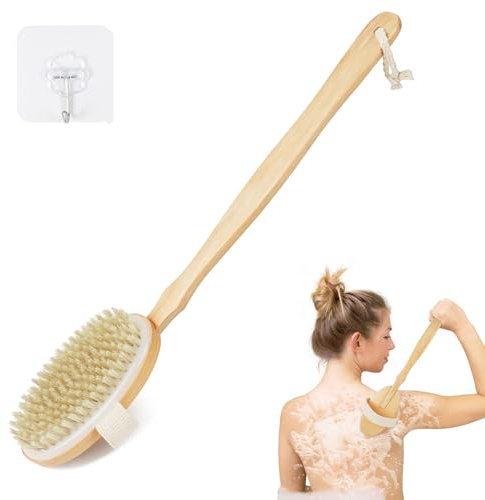 AOOSU Bath Brush with Long Handle, Back Brush Removable Long Handle, Natural Bristles, Exfoliating Brushs for Removing Dead Skin, Back Scrubber for Dry Wet Showering for Body Cleaning, Ellipse