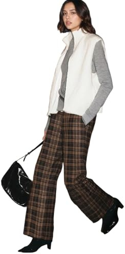Zeiayuas Plaid Trousers for Women Smart High Waist Wide Leg Trouser Ladies Casual Office Work Formal Trousers Business Smart Suit Pants with Pockets Full Length Bottoms Coffee