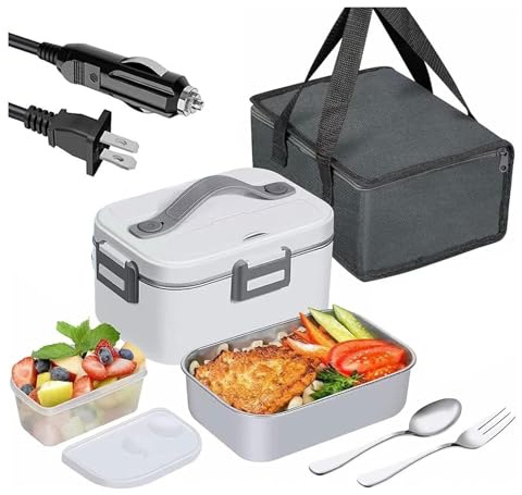 KEuLen Electric Lunch Box, Heated Lunch Box, Electric Lunch Box Food Heater - for Car/Home with Removable Stainless Steel Container Spork(White)