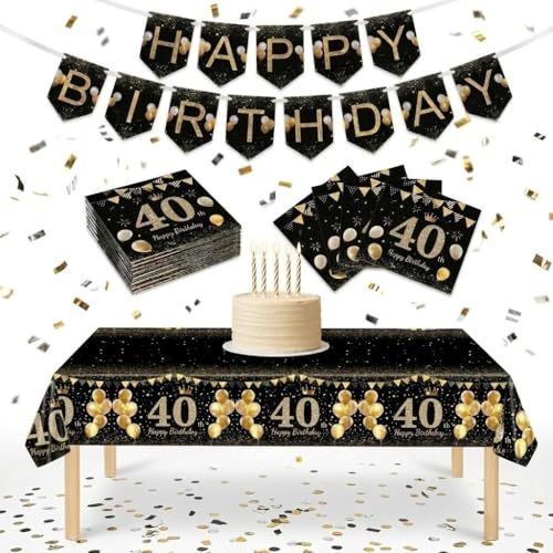40. Geburtstag Deko Set Schwarz Gold | 16/18/21/30/40/50/60/70 Geburtstagsdeko Set mit Tischdecke, Girlande und 20 Stück Servietten für Mädchen Jungen Innen Außen