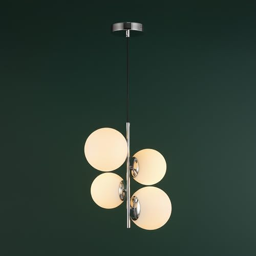 BARCELONA LED - Lámpara Colgante de Techo 4 Esferas TANNA, Lámpara Colgante Salón Moderna de Cristal Opalino y Aluminio, Casquillo E27, Ø 15cm, Ideal para Comedor, Cocina o Dormitorio (Cromo)