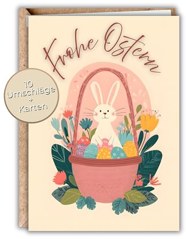 HIDEBLOOM - Osterkarten Klappkarten Set Osterhase - 10 Stück I DIN A6 (10,5 cm x 14,8 cm) - Osterkarten Set mit Umschlägen - Grußkarten Ostern Klappkarte Hase im Eierkorb