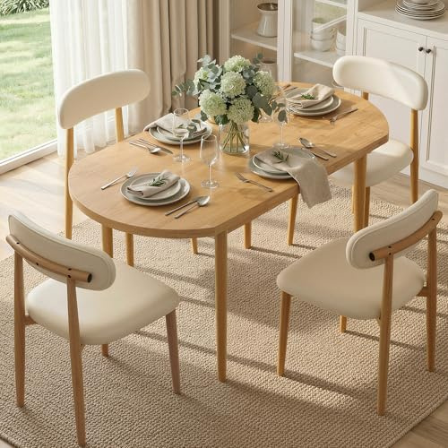 IRONCK Dining Table Set for 4, Extendable Kitchen Table with 4 Upholstered Chairs, 55 Drop Leaf Desk, 5-Piece Modern Dining Table Set Home for Kitchen Room, Space Saving, Natural Wood