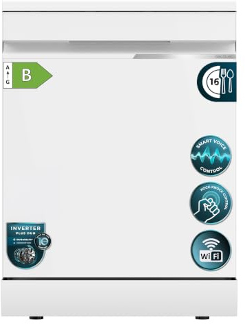 Cecotec Lavavajillas Libre Instalación 60cm 16 Servicios con WiFi Bolero Aguazero 7000 Matt White Glass Connected. Motor Inverter Plus Duo, 16 Programas, Bandeja Cubiertos, Control Voz, Cristal Mate