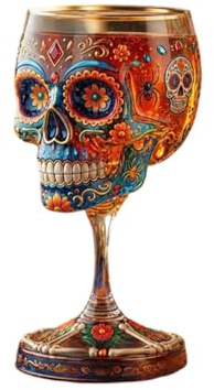 Day of the Dead Collector Goblet – Limited Edition Art Glass, Skull Wine Glass, Handcrafted Day of the Dead Skeleton Floral Goblet, Gothic Skull Wine Chalice for Home Bar & Altar Decor (1PCS)