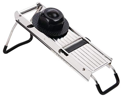 Vogue Mandoline, Silver & Black, Size: 135(W) x 400(L)mm, Includes Five Interchangeable Blades & Protective Pusher, Non-Skid Folding Stand, Dishwasher Safe, Stainless Steel Blades, Y836