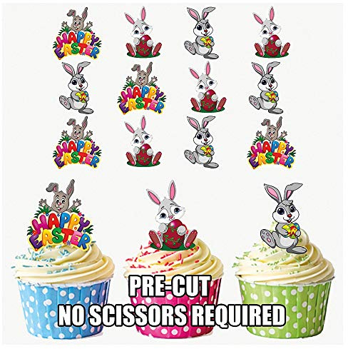 AK Giftshop Easter Bunnies Cake Decorations - Edible Stand-up Cup Cake Toppers (pack of 36)