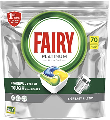 Fairy Platinum Detersivo Pastiglie Lavastoviglie, Brillantante, 70 Capsule, Limone, Con Sistema Di Prelavaggio Integrato, Efficace Nelle Sfide Difficili Contro Lo Sporco