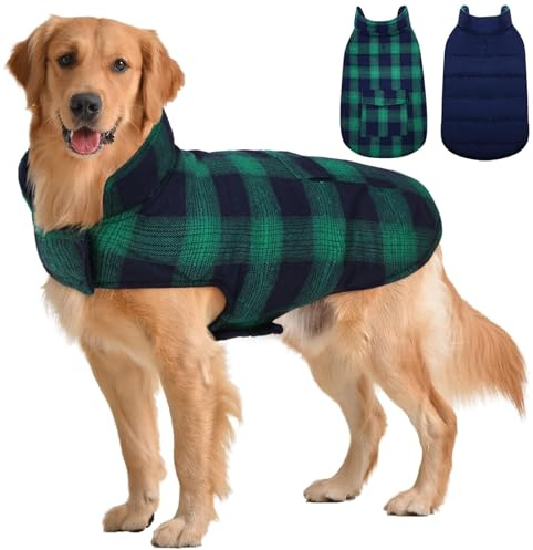 Kuoser Reversible Dog Jacket, Warm Winter Coat for Medium & Large Dogs, Warm Windproof Pet Cold Weather Clothes, Green XL