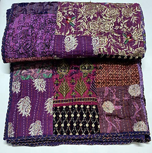 Patchwork-Dekor, alte Vintage-Stickerei, Kantha-Steppdecke mit Kissen, Heimdeko, Khambadiya, Kantha-Steppdecke, King/Queen Kantha, Tagesdecke, Steppdecke mit 2 Kissenbezügen (lila, 228 x 274 cm)