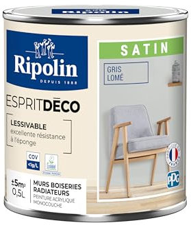 RIPOLIN - Peinture Intérieure Multi-Supports – Murs, Boiseries & Radiateurs – Ultra Couvrante – Lessivable – Application Facile – Ecolabel - Satin - 0,5L - Gris Lome