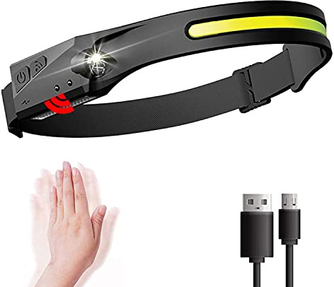 VISVIC USB Wiederaufladbare Stirnlampe, 5 Modi, COB 2 LED Induktionsscheinwerfer, Wasserdichte Campinglichter für Erwachsene zum Laufen, Angeln