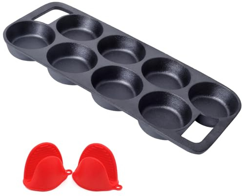 YOLOPLUS+ 16 Pre-seasoned Cast Iron Muffin Pan with Heat Resistant Gloves | 8 Cups Biscuit Pan with Handle for Biscuits, Cupcake,Muffins, and Scones