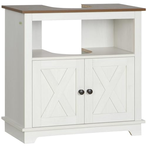 kleankin Farmhouse Under Sink Bathroom Cabinet, Pedestal Vanity Storage Cabinet with Double Doors and Storage Shelves, Bathroom Organizer, White
