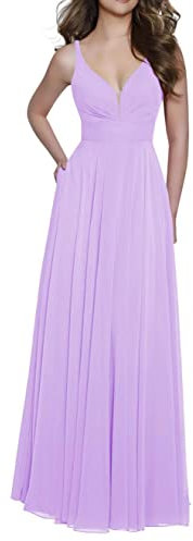 WSEYU Robe de demoiselle d'honneur longue en mousseline de soie plissée avec col en V C144, lilas, 38