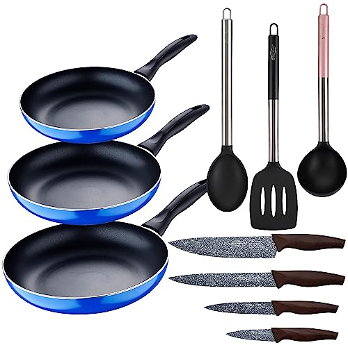 Set 3pc sarten (16+20+24cm) aluminio prensado, inducción, azul Navy Paradise con Set 3pc utensilios de cocina nylon con Set 4pc cuchillos acero inoxi