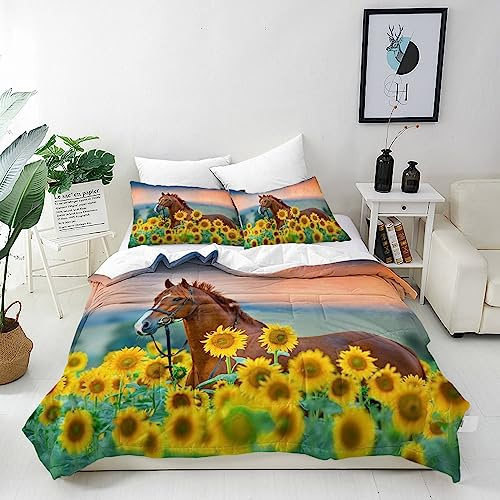 ANHOPE Horse Duvet Cover Set Soft Lightweight Microfibre 3 Piece Bedding Set with 2 Pillowcase Rustic Theme Horse & Yellow Sunflower Print Pattern All Season Quilt Cover with Zipper Closure Single