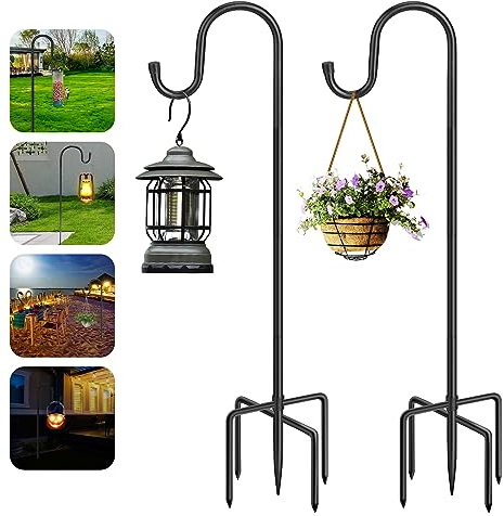 Ceboic Garten Schäferhaken, 2 Stück 96cm Hirtenhaken Metall Gartenstab mit Haken, Höhenverstellbar Shepherds Crook Hook Aufhängen von Vogelfütterer Solarleuchten Pflanzenkörbe Windspiel Laternen