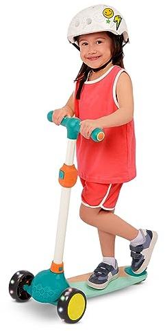 B. toys Scooter Fun Holz-Kinderroller mit Leuchträdern | Höhenverstellbarer Lenker, Massivholz-Deck, Fußbremse, teilweise vormontiert, bis 50 kg belastbar, Leuchtende Räder, 3+ Jahre