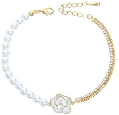 ankbrats 925 Sterling Silber Perlen Armbänder Damen, Kamelie Blume Süßwasserperlen Gold Armkette Frauen, Hypoallergene Vergoldet Perlenarmband für Mädchen